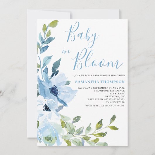 Blauer Blütenbaby im Blütendusche Einladung (Vorderseite)