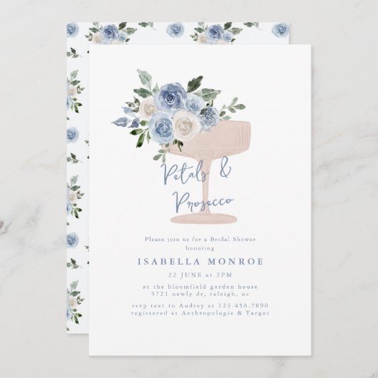 Blauer Blütenblättern und Prosecco-Brautparty Einladung (Vorne/Hinten)