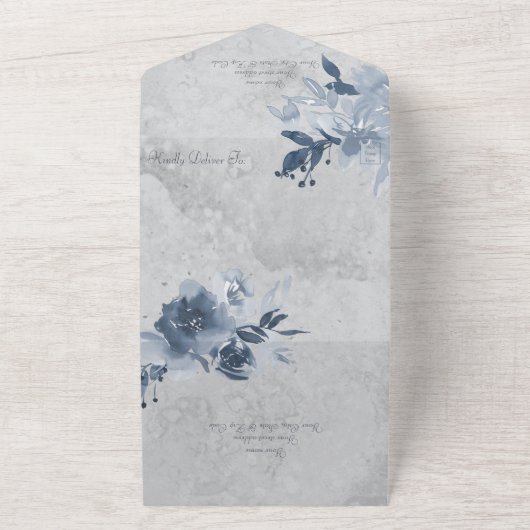 Blauer Blütenblättriger, blassgrau mit QR-Code All In One Einladung (Außenbereich)