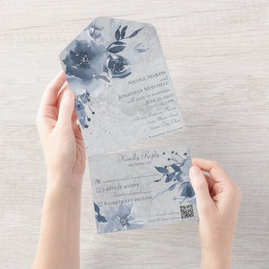 Blauer Blütenblättriger, blassgrau mit QR-Code All In One Einladung (Abreißen)