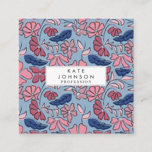 Blauer Blütenblock mit rosa und blauer Hand drucke Quadratische Visitenkarte (Vorderseite)