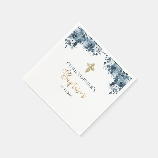 Blauer Blütenblütenjunge Taufe Serviette (Ecke)