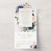 Blauer Blütenblütenrosa Blütengoldblütenhochzeit All In One Einladung (Innen)