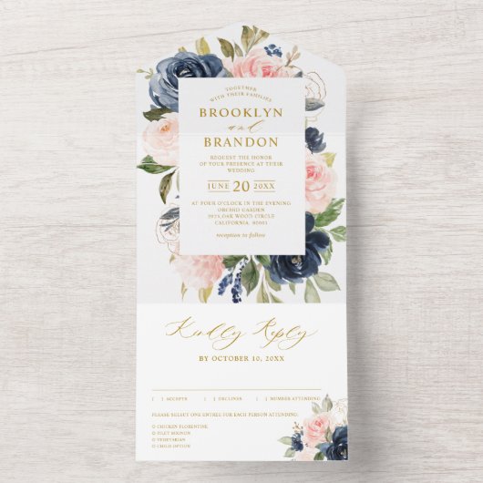 Blauer Blütenblütenrosa Blütengoldblütenhochzeit All In One Einladung (Innen)