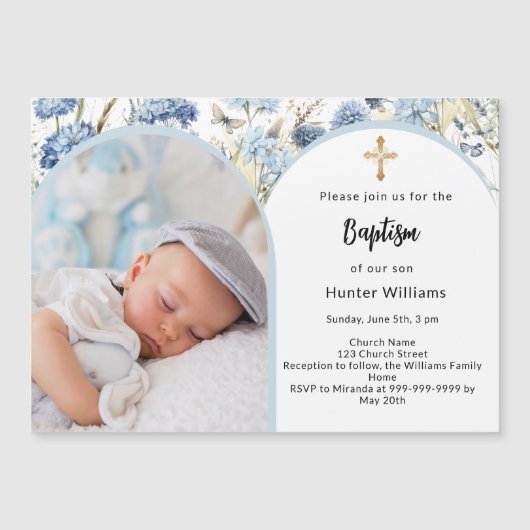 Blauer Blütenbock Foto Boy Cross Taufe Magneteinladung (Vorderseite)