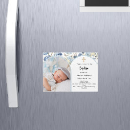 Blauer Blütenbock Foto Boy Cross Taufe Magneteinladung