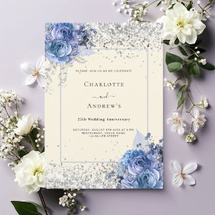 Blauer Blütencreme Silber 25. Hochzeitstag Einladung