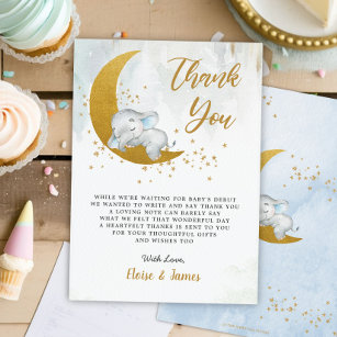 Blauer Blütenelefant über der Mond-Babydusche Dankeskarte