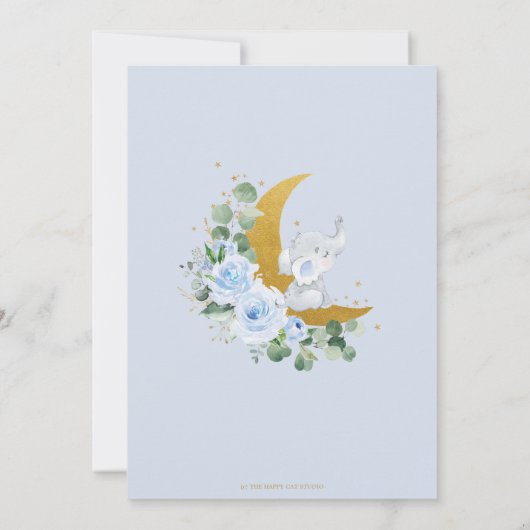 Blauer Blütenelefant über der Mond-Babydusche Dankeskarte (Rückseite)