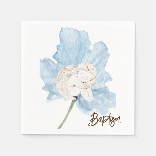 Blauer Blütenfarben Blütenweißer Engel Taufe Serviette (Vorderseite)