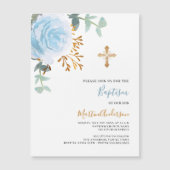 Blauer Blütengrün Goldkreuz Luxus-Taufe Magneteinladung (Vorderseite)