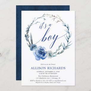 Blauer Blütenjunge Babydusche, Erdnuss elegant Einladung