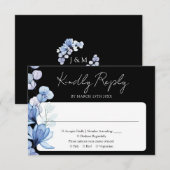 Blauer Blütenmonogramm Schwarz-Weiß-Hochzeit RSVP Karte (Vorne/Hinten)