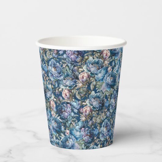 Blauer Blütenmuster Vintager Blumengarten Pappbecher (Rückseite)