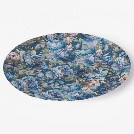 Blauer Blütenmuster Vintager Blumengarten Pappteller (Schrägansicht)