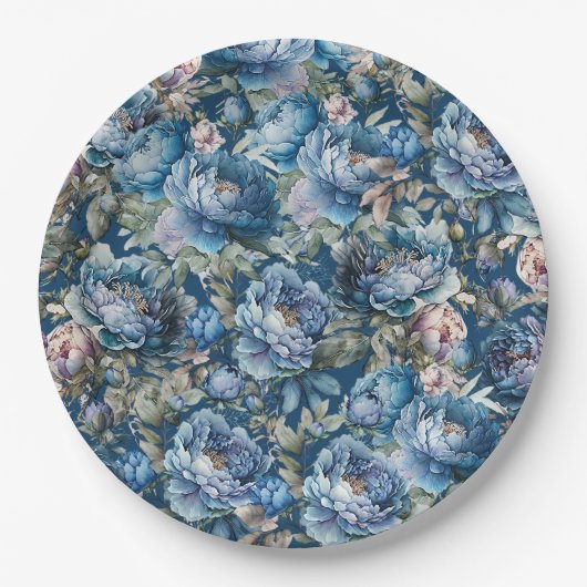 Blauer Blütenmuster Vintager Blumengarten Pappteller (Vorderseite)