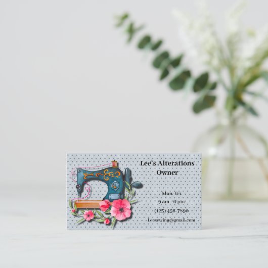 Blauer Blütennähmaschine Strick Visitenkarte (Stehend Vorderseite)