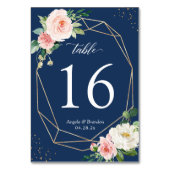 Blauer Blütenrosa Blütengoldrahmen Hochzeit Tischnummer (Vorderseite)