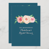 Blauer Blütenrosa Brautparty Einladung (Vorne/Hinten)