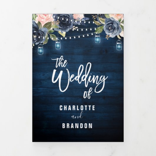 Blauer Blütenrosa, dreifache Hochzeit Dreifach Gefaltete Ankündigung (Cover)