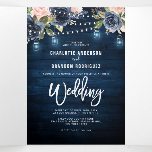 Blauer Blütenrosa, dreifache Hochzeit Dreifach Gefaltete Ankündigung (Innenseite Mitte)