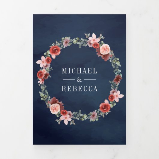 Blauer Blütenrosa Hochzeit der Flora und Fauna Dreifach Gefaltete Einladung (Cover)