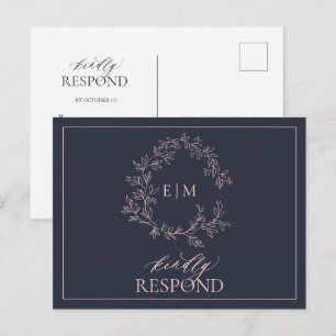 Blauer Blütenrosa Monogramm-Hochzeit RSVP Einladungspostkarte