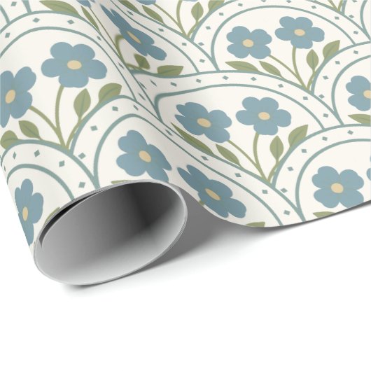 Blauer Blütenskallop Wiederholungsmuster Geschenkpapier (Rolleneckpunkt)