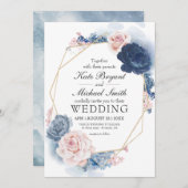 Blauer Blütenstaub mit floralen Goldrahmen Einladung (Vorne/Hinten)