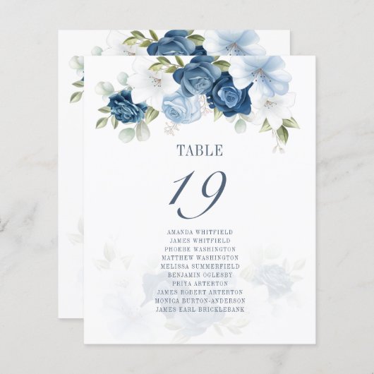Blauer Blütentisch 19 Hochzeitssitzkarte (Vorne/Hinten)