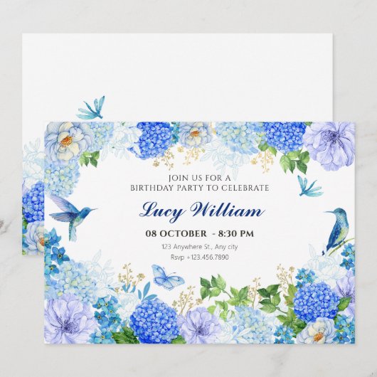 Blauer Blütenvogel - eleganter Geburtstag Einladung (Vorne/Hinten)
