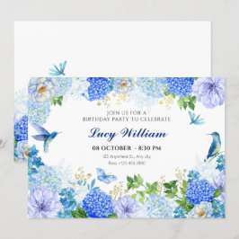 Blauer Blütenvogel - eleganter Geburtstag Einladung