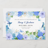 Blauer Blütenvogel, schlichte Hochzeit Einladung (Vorderseite)