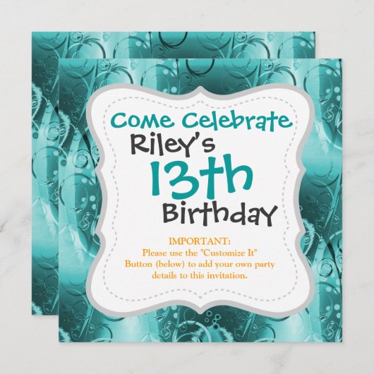 Blauer Blütenwirbel Aquamarin Türkisblau - Geschen Einladung (Vorne/Hinten)