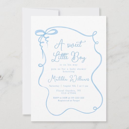 Blauer Bogen-Armschwanz-Babydusche Einladung (Vorderseite)