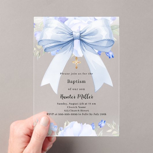 Blauer Bogen Blütenjunge klar Taufe Acryleinladungen (Insitu (Handheld))