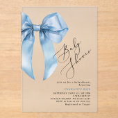 Blauer Bogen Elegante Kalligrafie Baby Boy Dusche Acryleinladungen (Vorderseite)