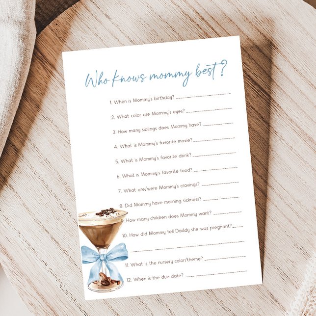 Blauer Bogen Espresso Martini Wer weiß Mama Spiel (Espresso Baby Shower Game)