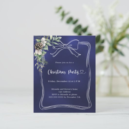 Blauer Bogen Kieferngrün Weihnachten Party Einladu (Stehend Vorderseite)