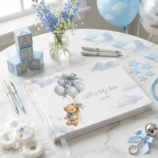 Blauer Bogen Teddybär Ballons Wolken Baby Junge Gästebuch