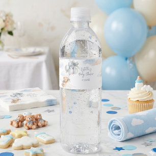Blauer Bogen Teddybär Ballons Wolken Baby Junge Wasserflaschenetikett