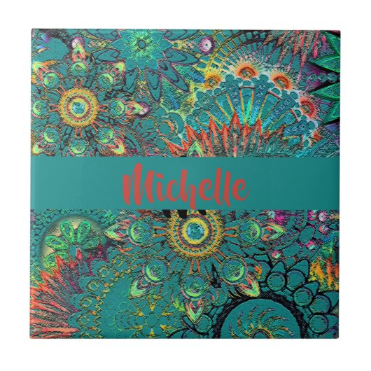 Blauer Boheminan Boho Hippie Muster Retro Fliese (Vorderseite)