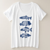 Blauer Bohemischer Blütenfisch Gemustert Große Größe T-Shirt (Design vorne)