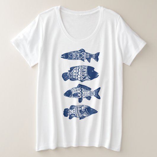 Blauer Bohemischer Blütenfisch Gemustert Große Größe T-Shirt (Design vorne)