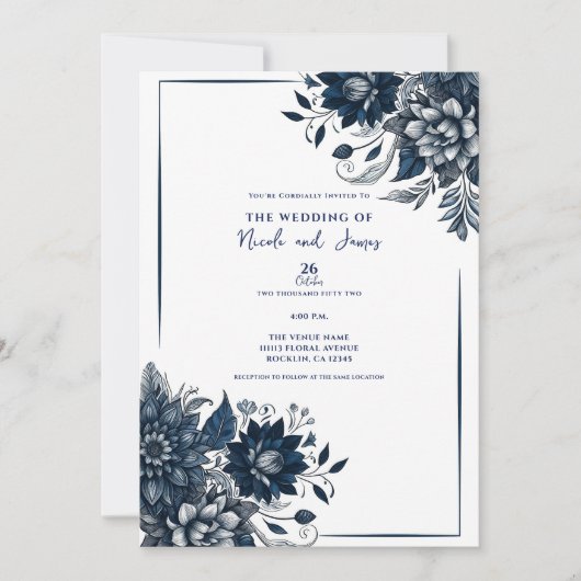 Blauer Bohemischer Glam Blumenzehen Einladung (Vorderseite)