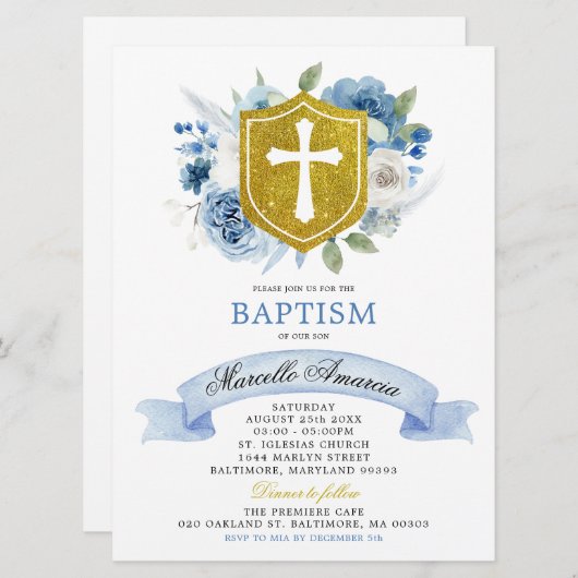 Blauer Boho Blumen und Gold Wappen Taufe Einladung (Vorne/Hinten)