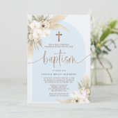 Blauer Boho Blumenstrauß Boys Taufe Einladung (Stehend Vorderseite)