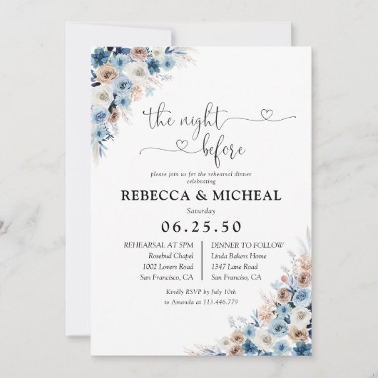 Blauer Boho Blüte Einladung (Vorderseite)