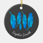 Blauer Boho Federn blau und grau Keramik Ornament (Vorne)