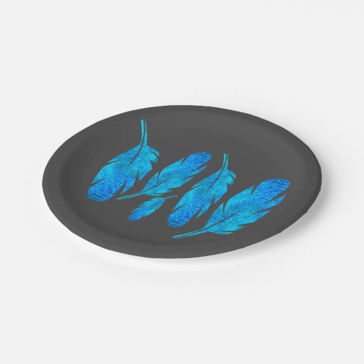 Blauer Boho Federn blau und grau Pappteller (Schrägansicht)